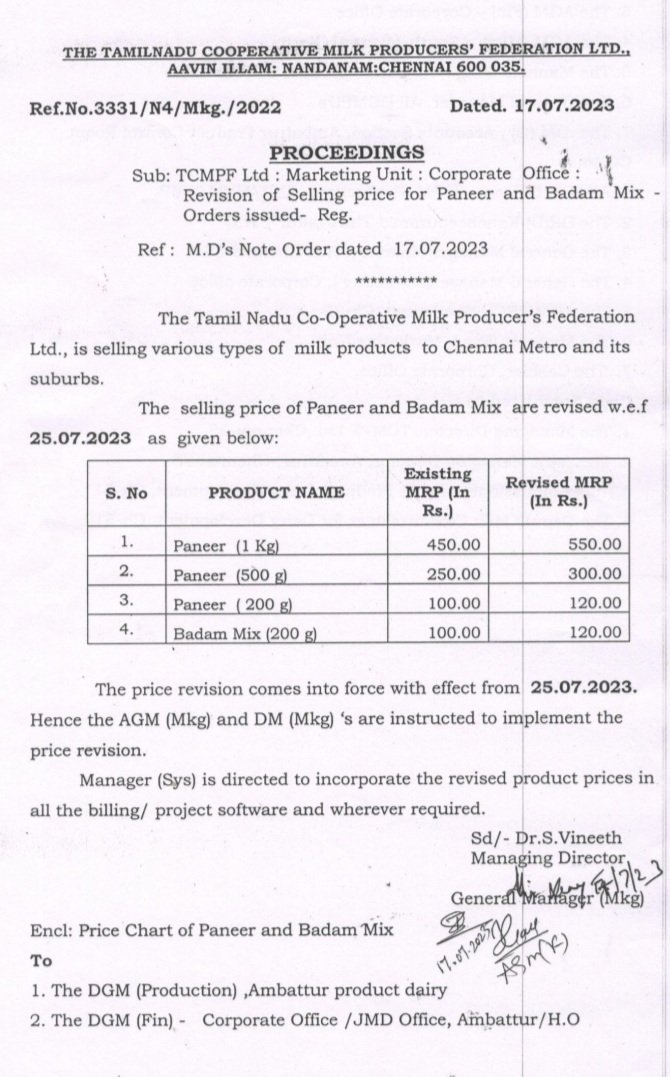 Aavin price hike