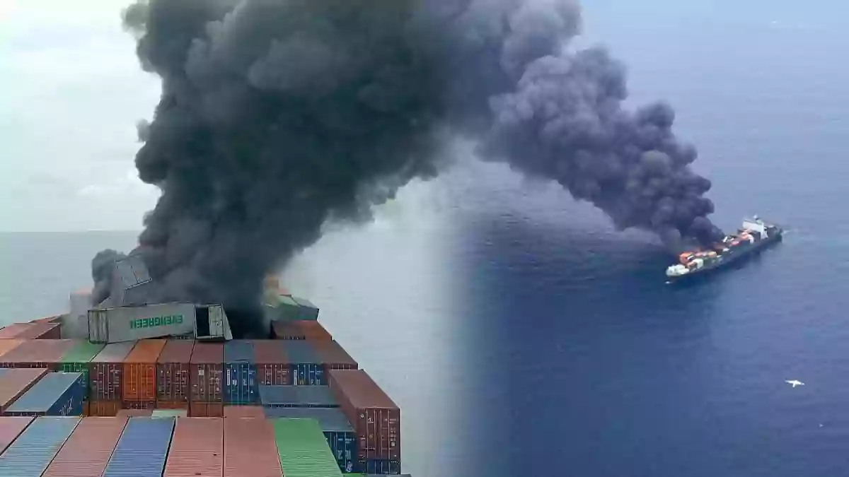 cargo ship catches fire off